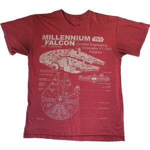 Star Wars Millennium Falcon T-Shirt Men’s Small Red Graphic Blueprint Tee